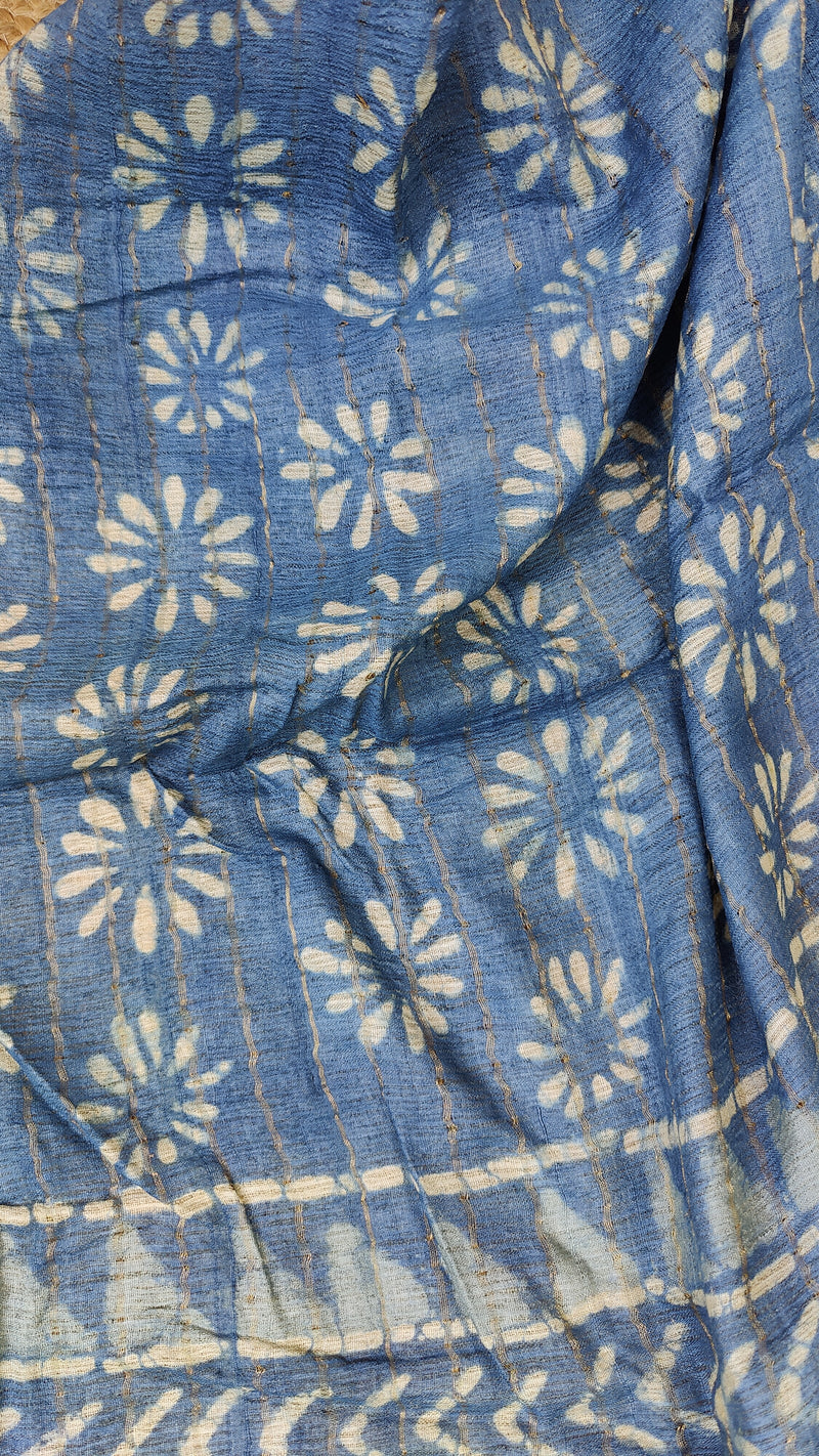 BLUE TUSSAR SILK SAREE WITH HAND BLOCK PRINTS