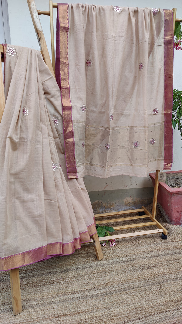 OFF WHITE MANGALGIRI COTTON SAREE WITH GOTTA PATTI WORK