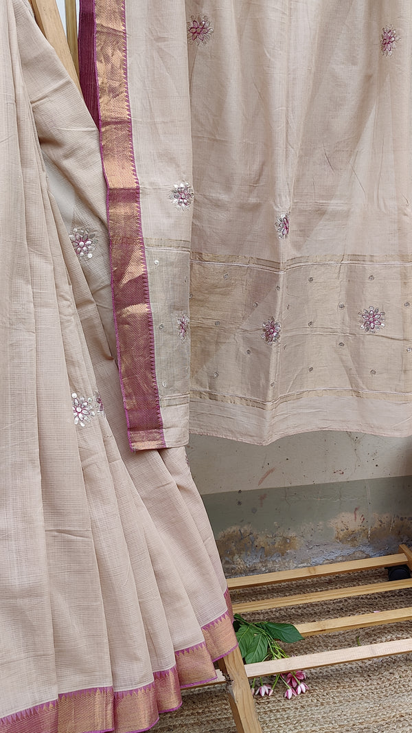 OFF WHITE MANGALGIRI COTTON SAREE WITH GOTTA PATTI WORK