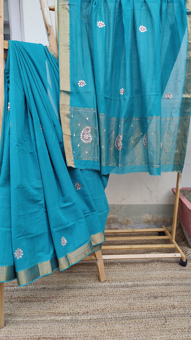 TEAL BLUE MANGALGIRI COTTON SAREE WITH GOTTA PATTI WORK