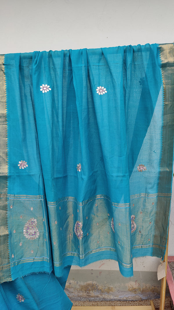 TEAL BLUE MANGALGIRI COTTON SAREE WITH GOTTA PATTI WORK