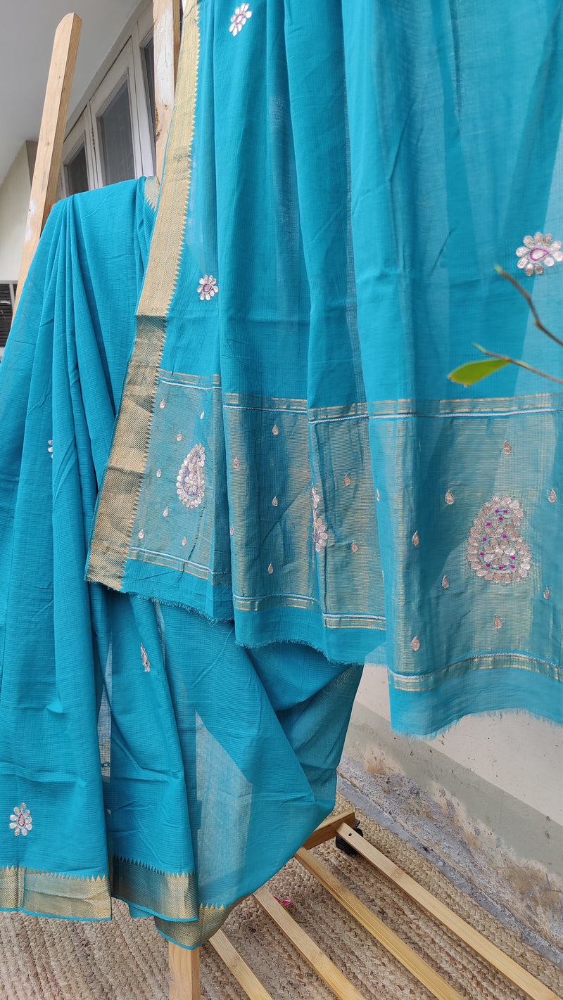 TEAL BLUE MANGALGIRI COTTON SAREE WITH GOTTA PATTI WORK