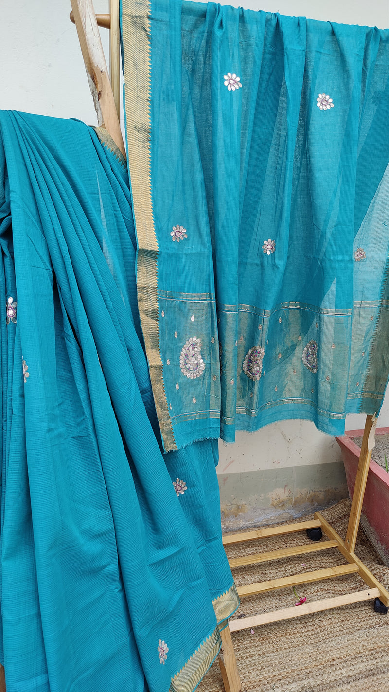 TEAL BLUE MANGALGIRI COTTON SAREE WITH GOTTA PATTI WORK