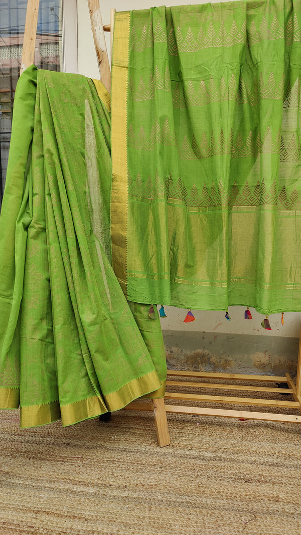 LEAF GREEN MANGALGIRI COTTON SAREE WITH HAND BLOCK PRINT