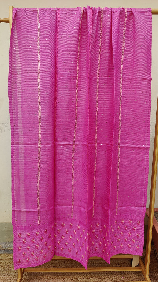 PINK RIBBED TUSSAR SILK DUPATTA WITH CHIKANKARI, DARAZ & MUKAISH