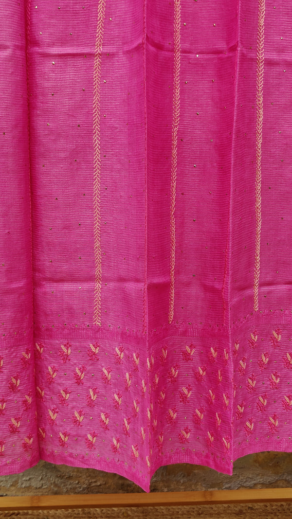 PINK RIBBED TUSSAR SILK DUPATTA WITH CHIKANKARI, DARAZ & MUKAISH