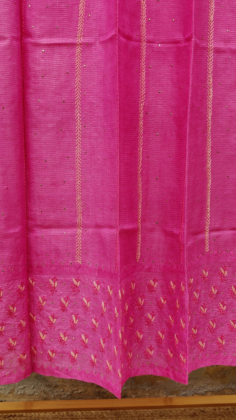 PINK RIBBED TUSSAR SILK DUPATTA WITH CHIKANKARI, DARAZ & MUKAISH