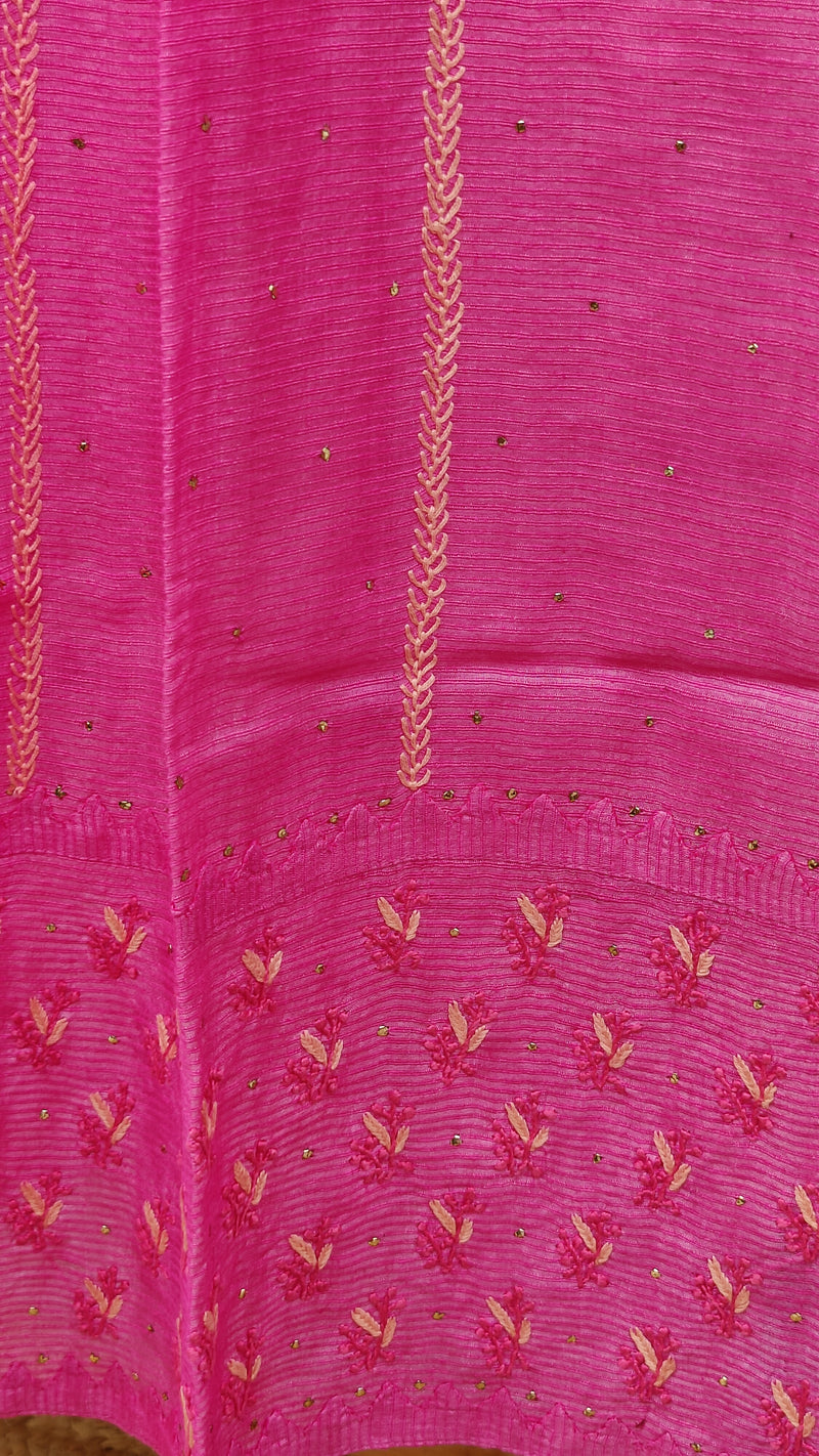 PINK RIBBED TUSSAR SILK DUPATTA WITH CHIKANKARI, DARAZ & MUKAISH