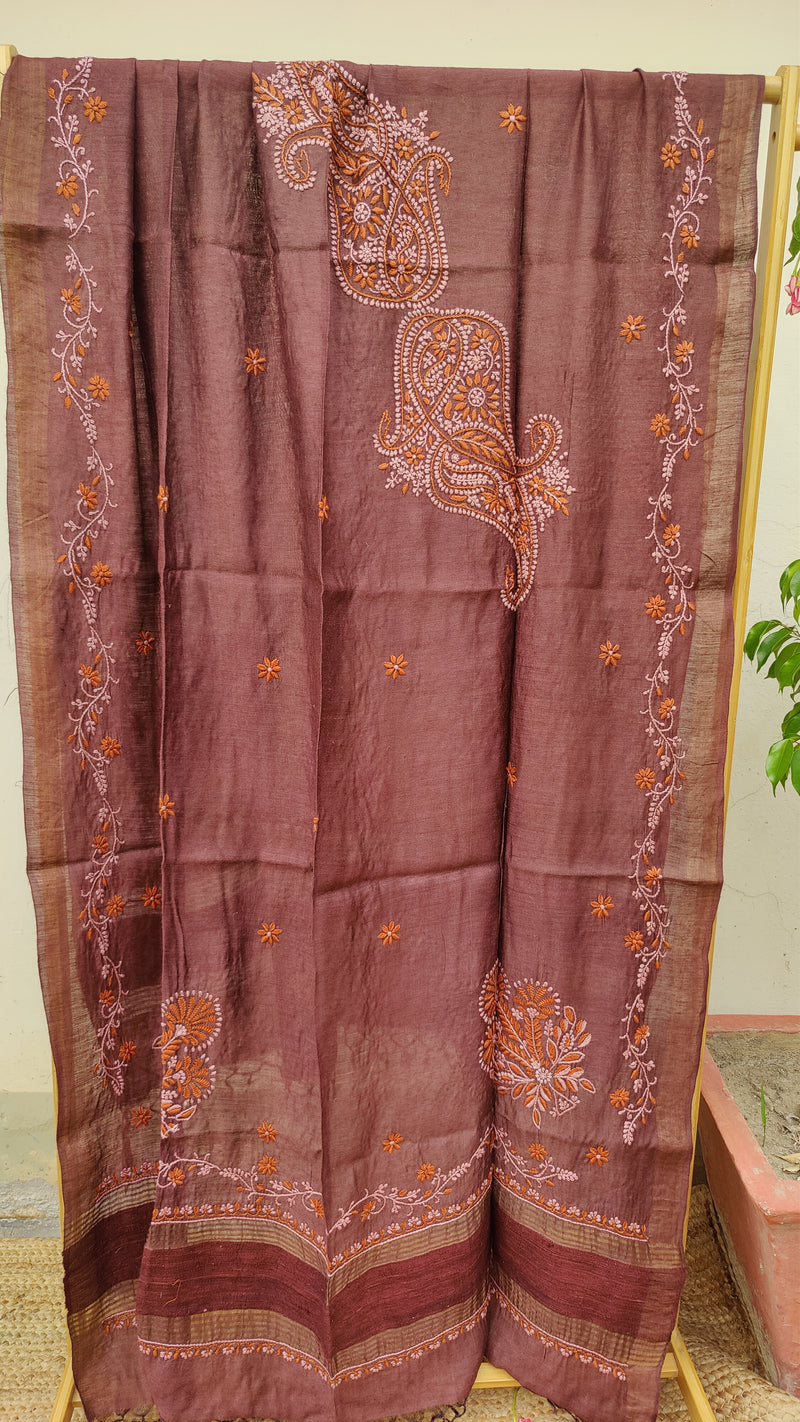 CHOCOLATE BROWN TUSSAR SILK DUPATTA WITH CHIKANKARI