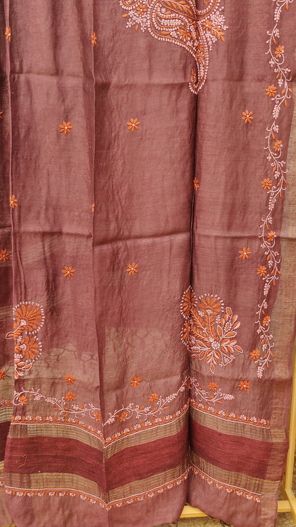 CHOCOLATE BROWN TUSSAR SILK DUPATTA WITH CHIKANKARI