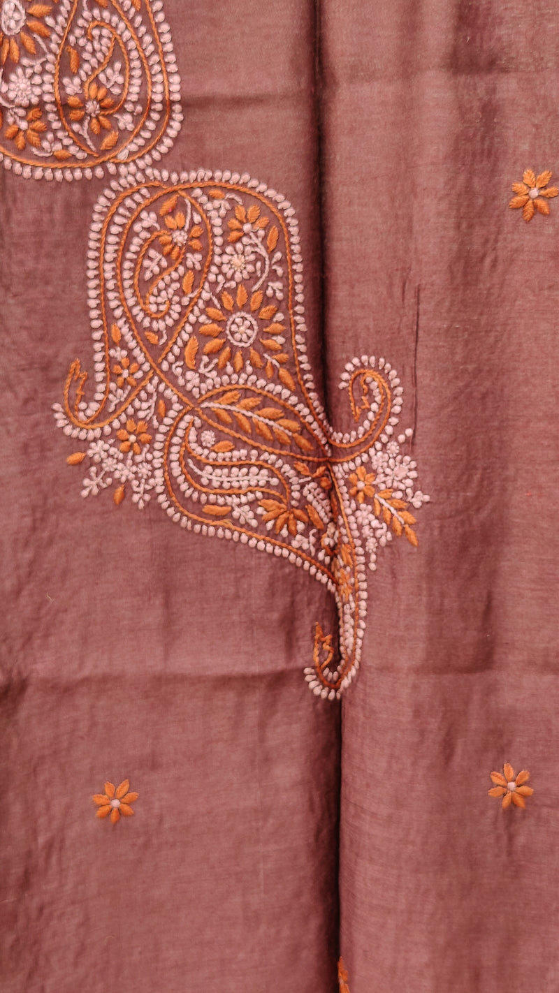 CHOCOLATE BROWN TUSSAR SILK DUPATTA WITH CHIKANKARI