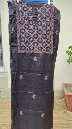 BLACK TUSSAR KURTA WITH PINK CHIKANKARI & MUKAISH