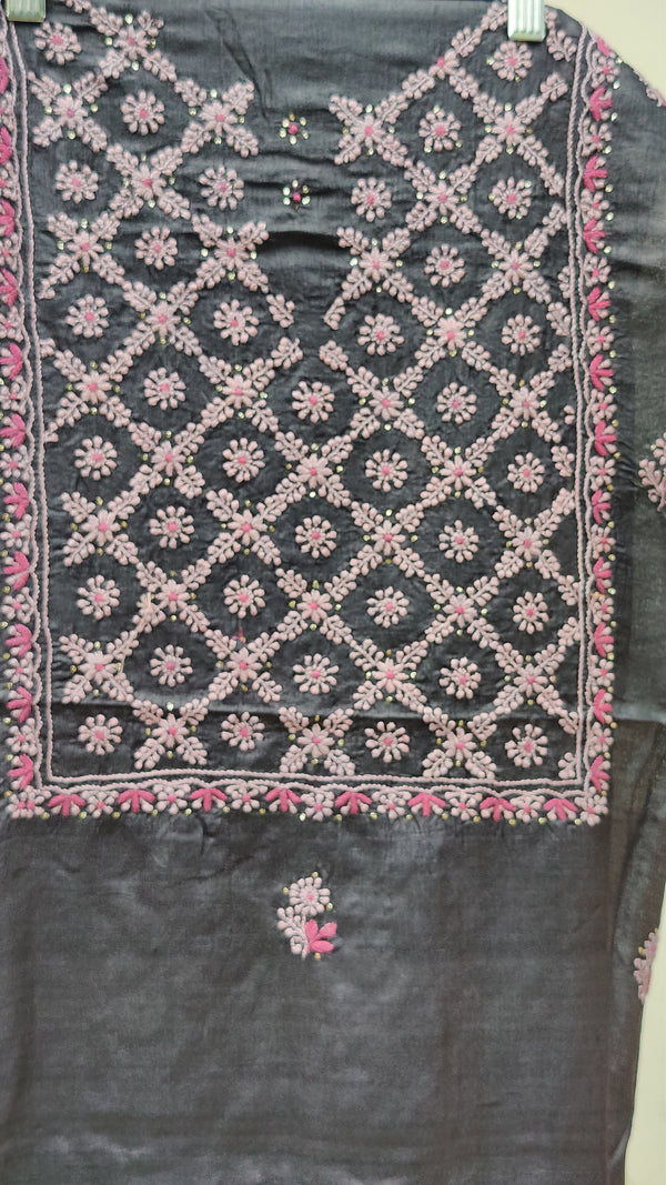 BLACK TUSSAR KURTA WITH PINK CHIKANKARI & MUKAISH