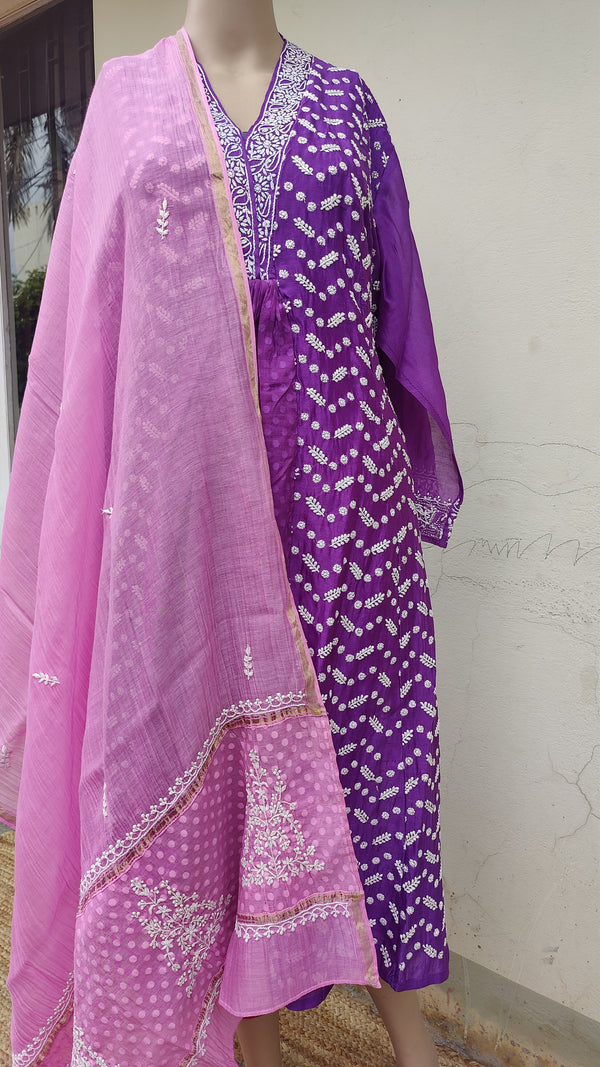 PURPLE CHANDERI SEMI STITCHED KURTA WITH CHIKANKARI - PINK CHANDERI DUPATTA