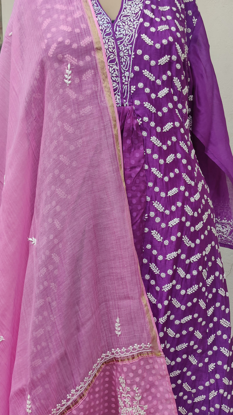 PURPLE CHANDERI SEMI STITCHED KURTA WITH CHIKANKARI - PINK CHANDERI DUPATTA