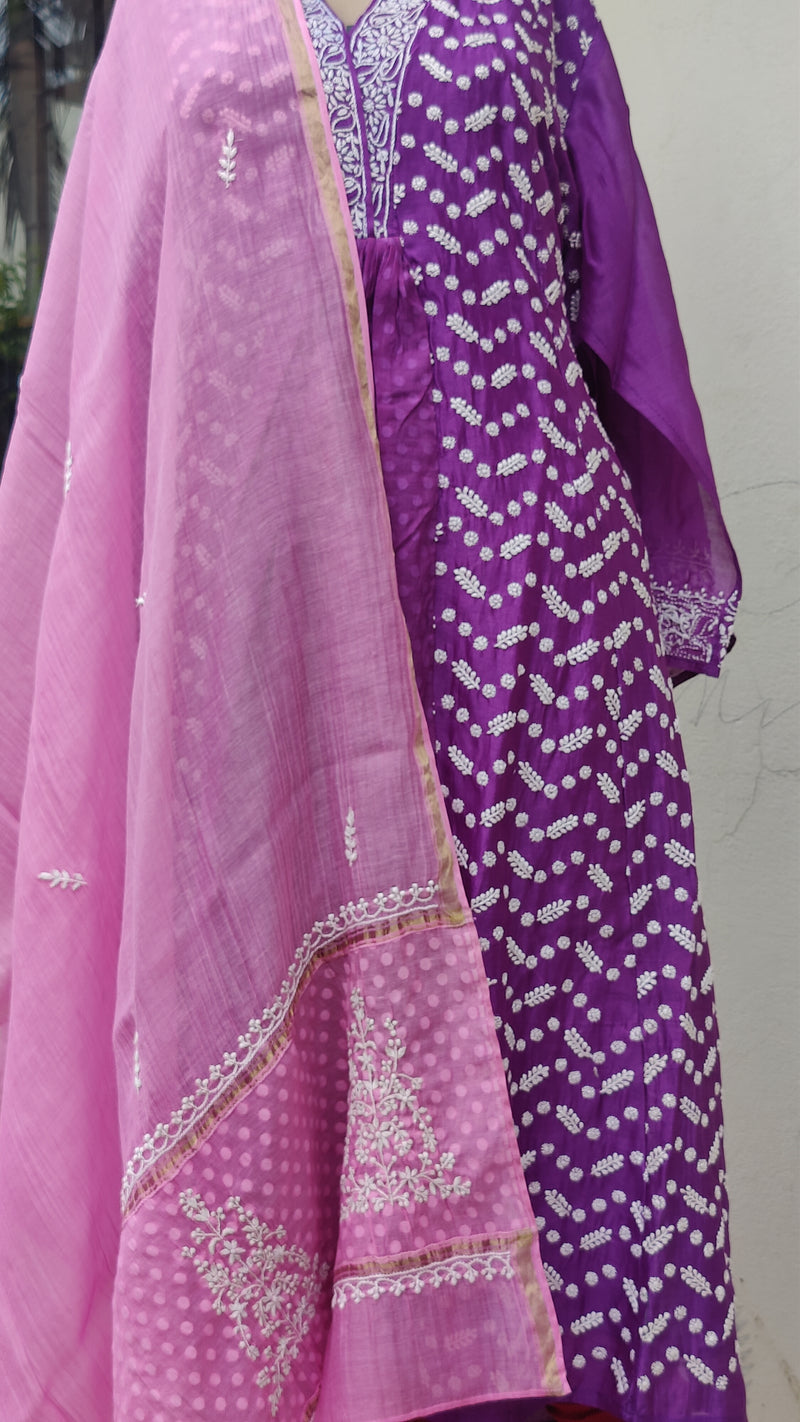 PURPLE CHANDERI SEMI STITCHED KURTA WITH CHIKANKARI - PINK CHANDERI DUPATTA