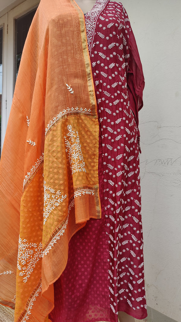 BLOOD RED CHANDERI SEMI STITCHED KURTA WITH CHIKANKARI - ORANGE CHANDERI DUPATTA