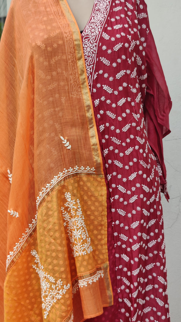 BLOOD RED CHANDERI SEMI STITCHED KURTA WITH CHIKANKARI - ORANGE CHANDERI DUPATTA