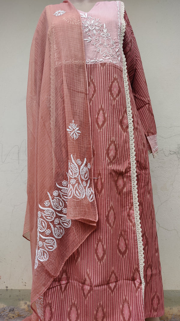 DARK PEACH IKKAT KURTA WITH KOTA DUPATTA - CHIKANKARI