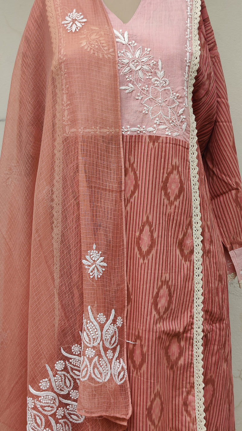 DARK PEACH IKKAT KURTA WITH KOTA DUPATTA - CHIKANKARI