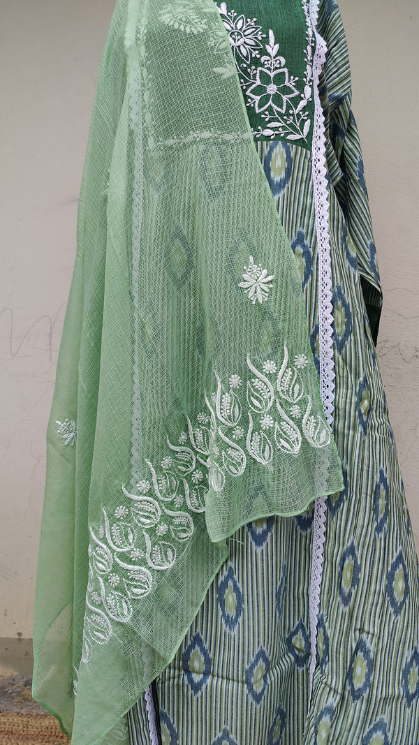 LEAF GREEN IKKAT KURTA WITH KOTA DUPATTA - CHIKANKARI