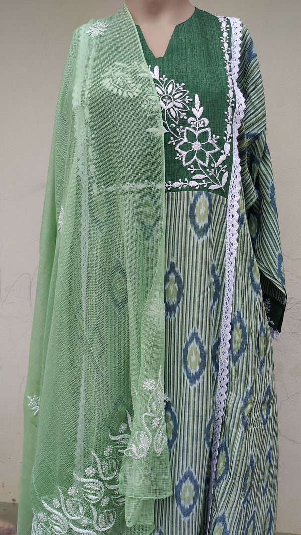 LEAF GREEN IKKAT KURTA WITH KOTA DUPATTA - CHIKANKARI