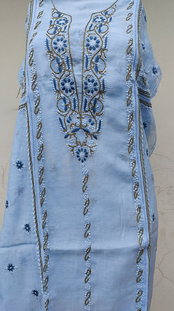 POWDER BLUE CHNADERI KURTA WITH HAND BLOCK PRINT CHANDERI DUPATTA - MULTI CHIKANKARI