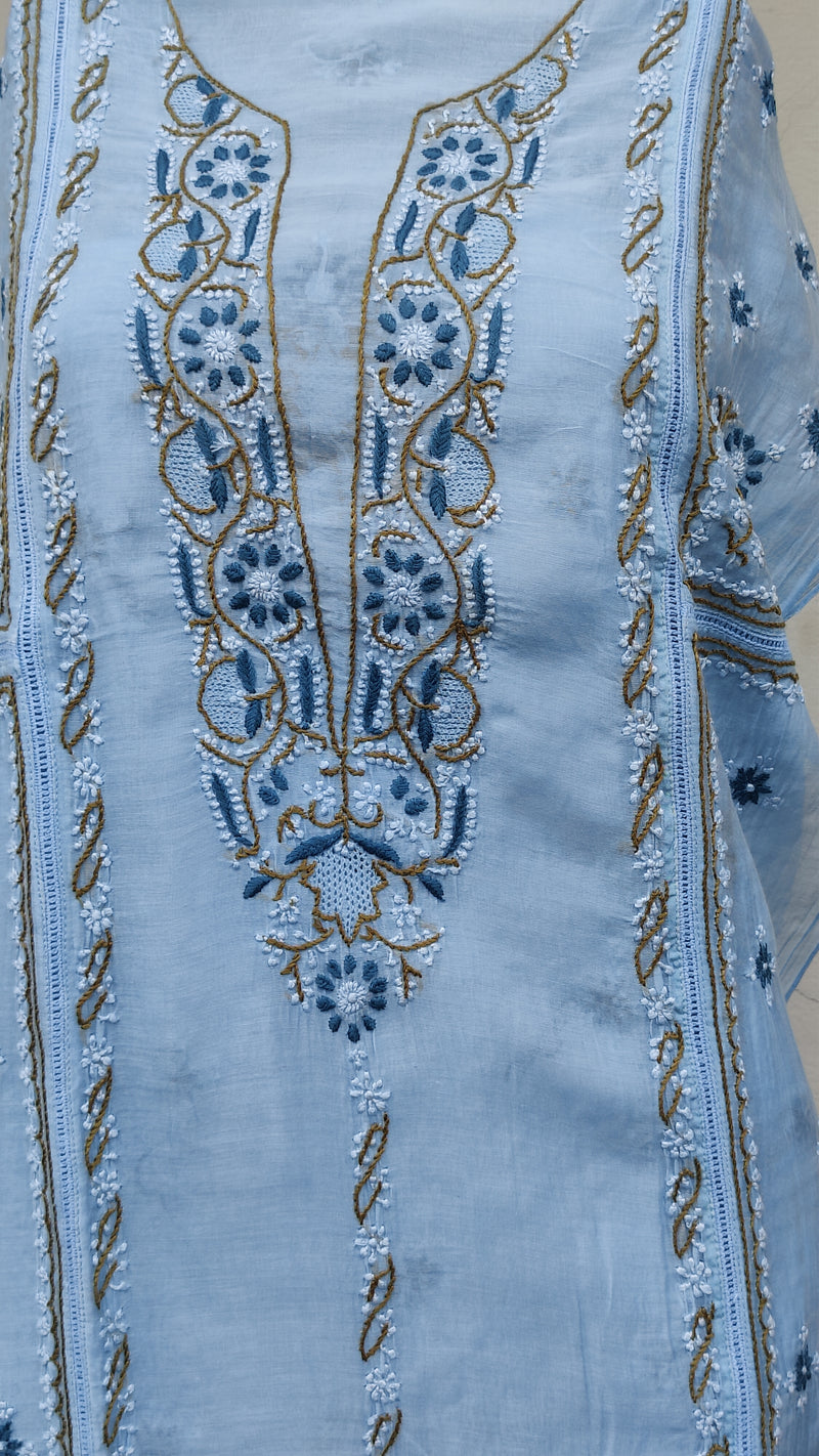 POWDER BLUE CHNADERI KURTA WITH HAND BLOCK PRINT CHANDERI DUPATTA - MULTI CHIKANKARI