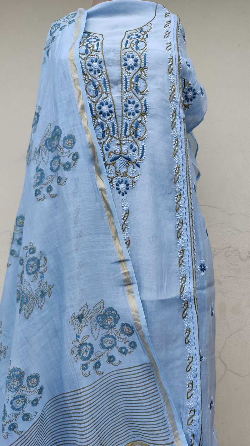 POWDER BLUE CHNADERI KURTA WITH HAND BLOCK PRINT CHANDERI DUPATTA - MULTI CHIKANKARI