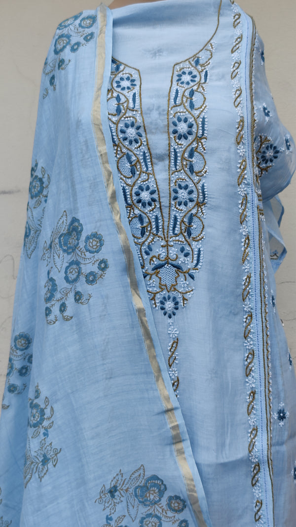 POWDER BLUE CHNADERI KURTA WITH HAND BLOCK PRINT CHANDERI DUPATTA - MULTI CHIKANKARI