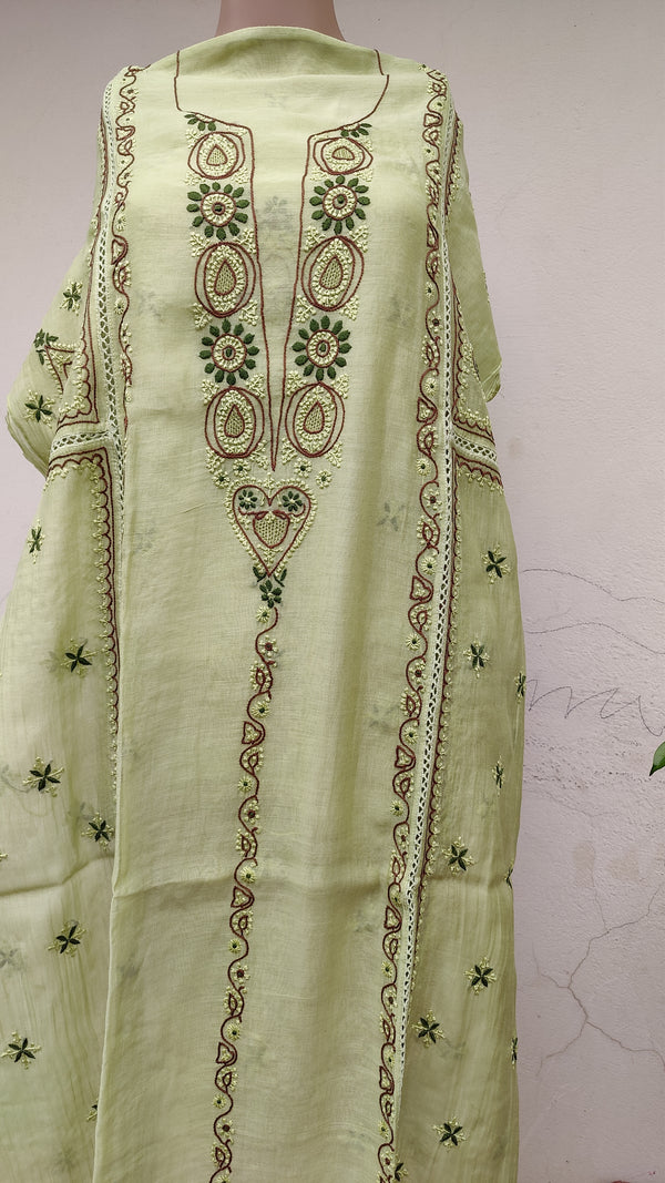 LIGHT GREEN CHANDERI KURTA WITH HAND BLOCK PRINT CHANDERI DUPATTA - MULTI CHIKANKARI