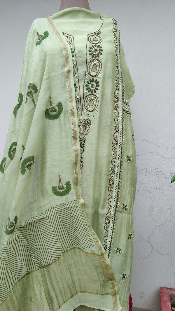 LIGHT GREEN CHANDERI KURTA WITH HAND BLOCK PRINT CHANDERI DUPATTA - MULTI CHIKANKARI