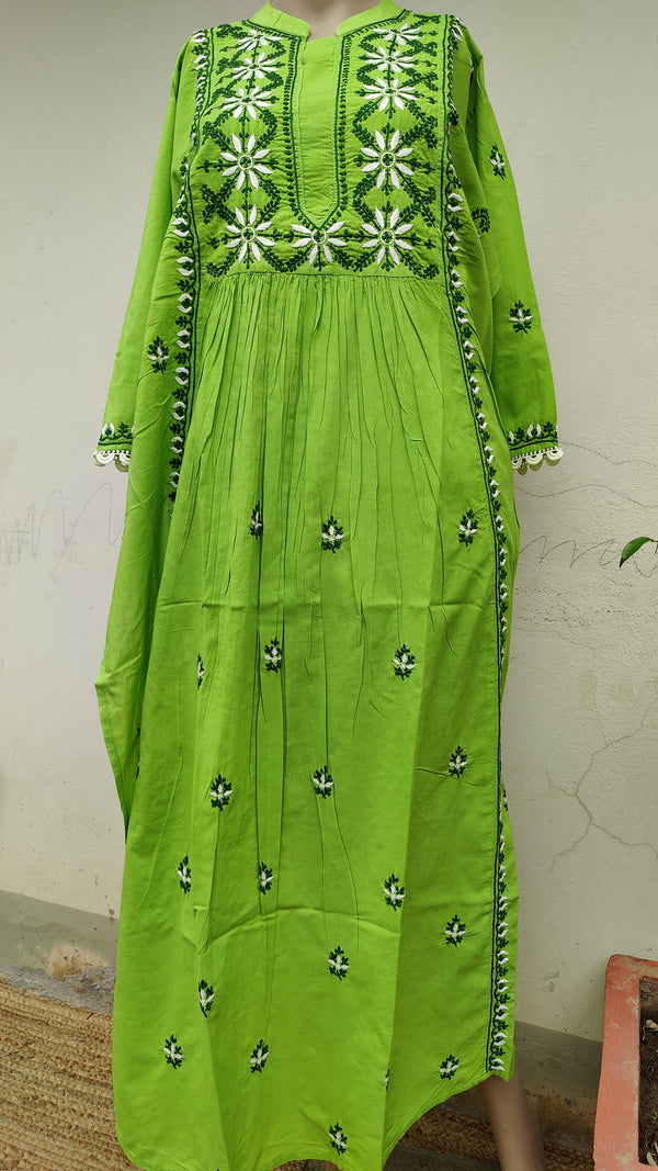 LEAF GREEN COTTON KURTA WITH CHIKANKARI - MULMUL SHIBORI DUPATTA