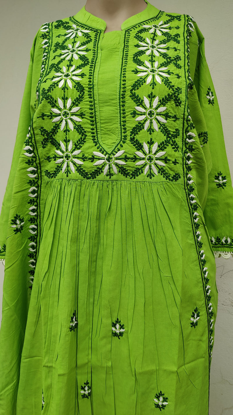 LEAF GREEN COTTON KURTA WITH CHIKANKARI - MULMUL SHIBORI DUPATTA