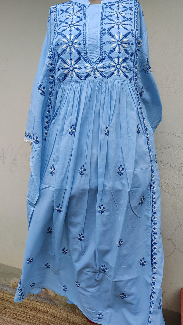 BUTTERFLY BLUE  COTTON KURTA WITH CHIKANKARI - MULMUL SHIBORI DUPATTA