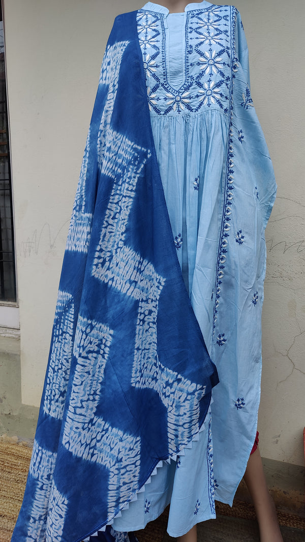 BUTTERFLY BLUE  COTTON KURTA WITH CHIKANKARI - MULMUL SHIBORI DUPATTA