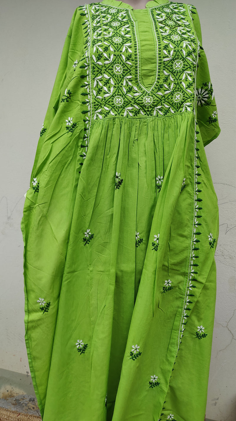 LEAF GREEN COTTON KURTA WITH CHIKANKARI - MULMUL SHIBORI DUPATTA