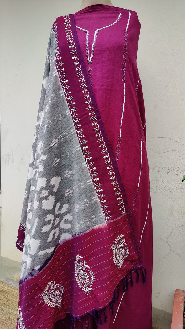 IKKAT COTTON CHIKANKARI KURTA - TELIA DUPATTA