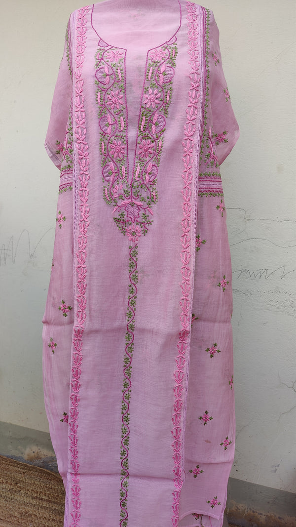 BABY PINK CHANDERI KURTA WITH HAND BLOCK PRINT CHANDERI DUPATTA - MULTI CHIKANKARI