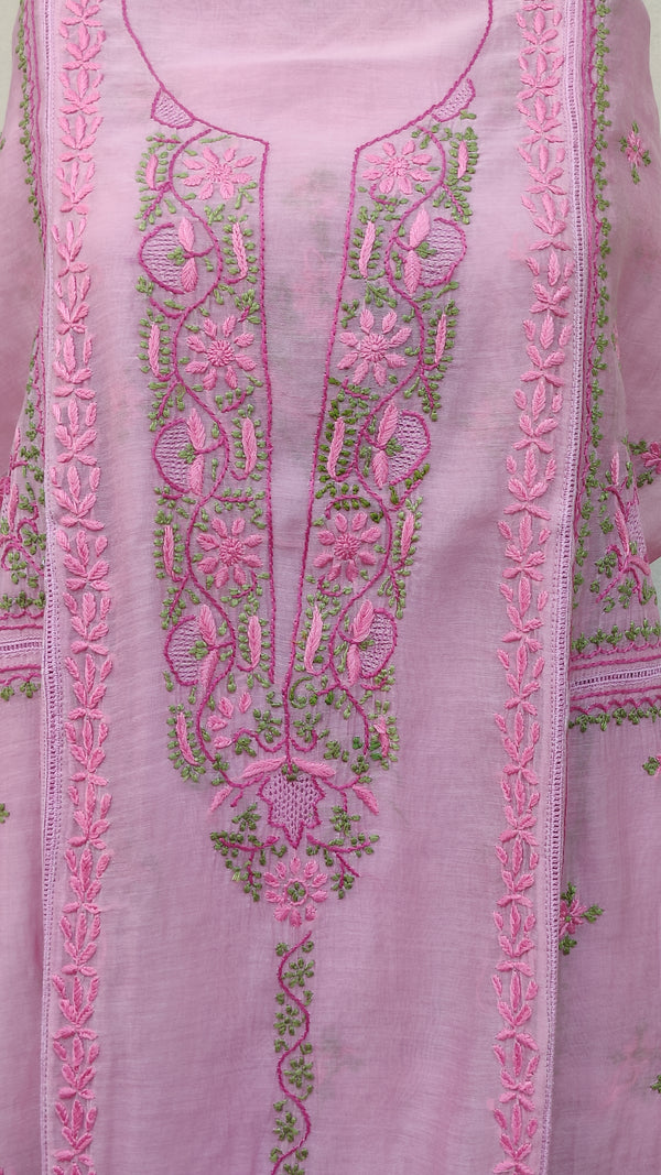 BABY PINK CHANDERI KURTA WITH HAND BLOCK PRINT CHANDERI DUPATTA - MULTI CHIKANKARI