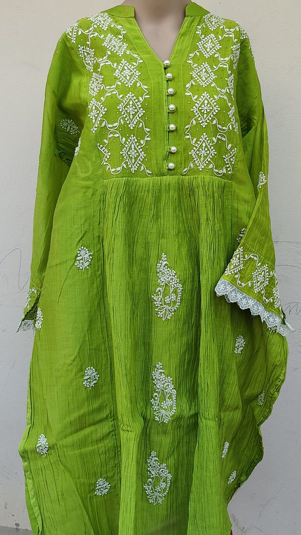 LEAF GREEN MUL CHANDERI KURTA WITH CHIKANKARI - CHANDERI DUPATTA