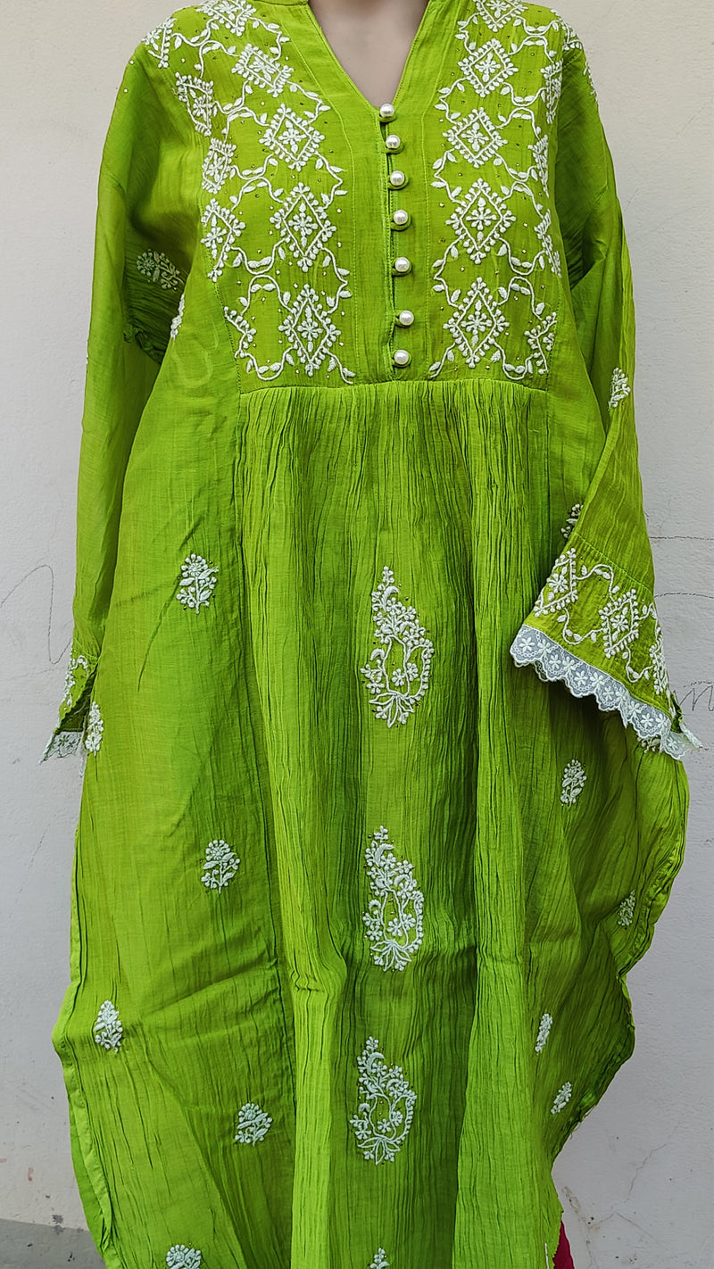 LEAF GREEN MUL CHANDERI KURTA WITH CHIKANKARI - CHANDERI DUPATTA