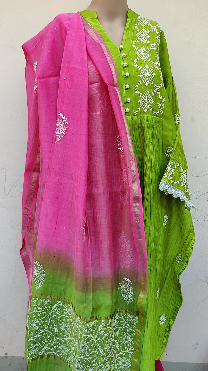 LEAF GREEN MUL CHANDERI KURTA WITH CHIKANKARI - CHANDERI DUPATTA