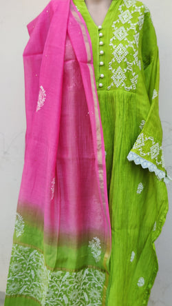 LEAF GREEN MUL CHANDERI KURTA WITH CHIKANKARI - CHANDERI DUPATTA