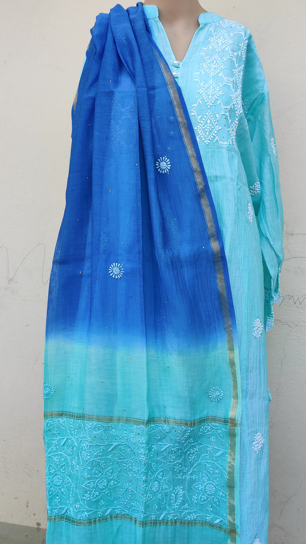 BABY BLUE MUL CHANDERI KURTA WITH CHIKANKARI - CHANDERI DUPATTA