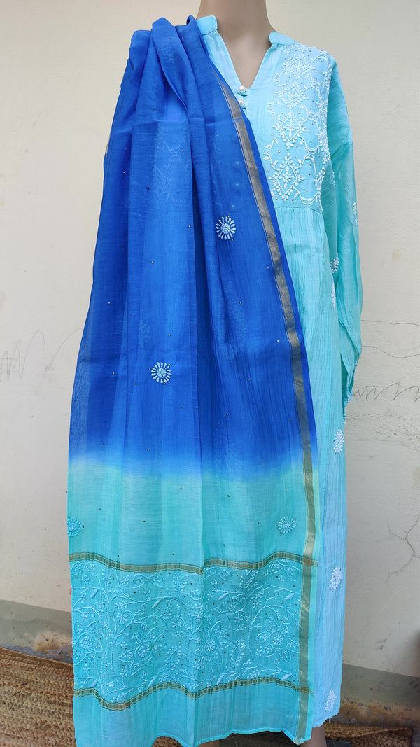 BABY BLUE MUL CHANDERI KURTA WITH CHIKANKARI - CHANDERI DUPATTA