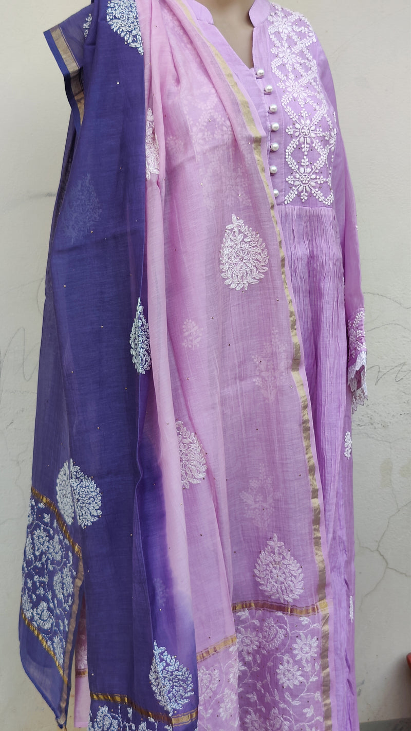 MUL CHANDERI KURTA WITH CHIKANKARI - CHANDERI DUPATTA