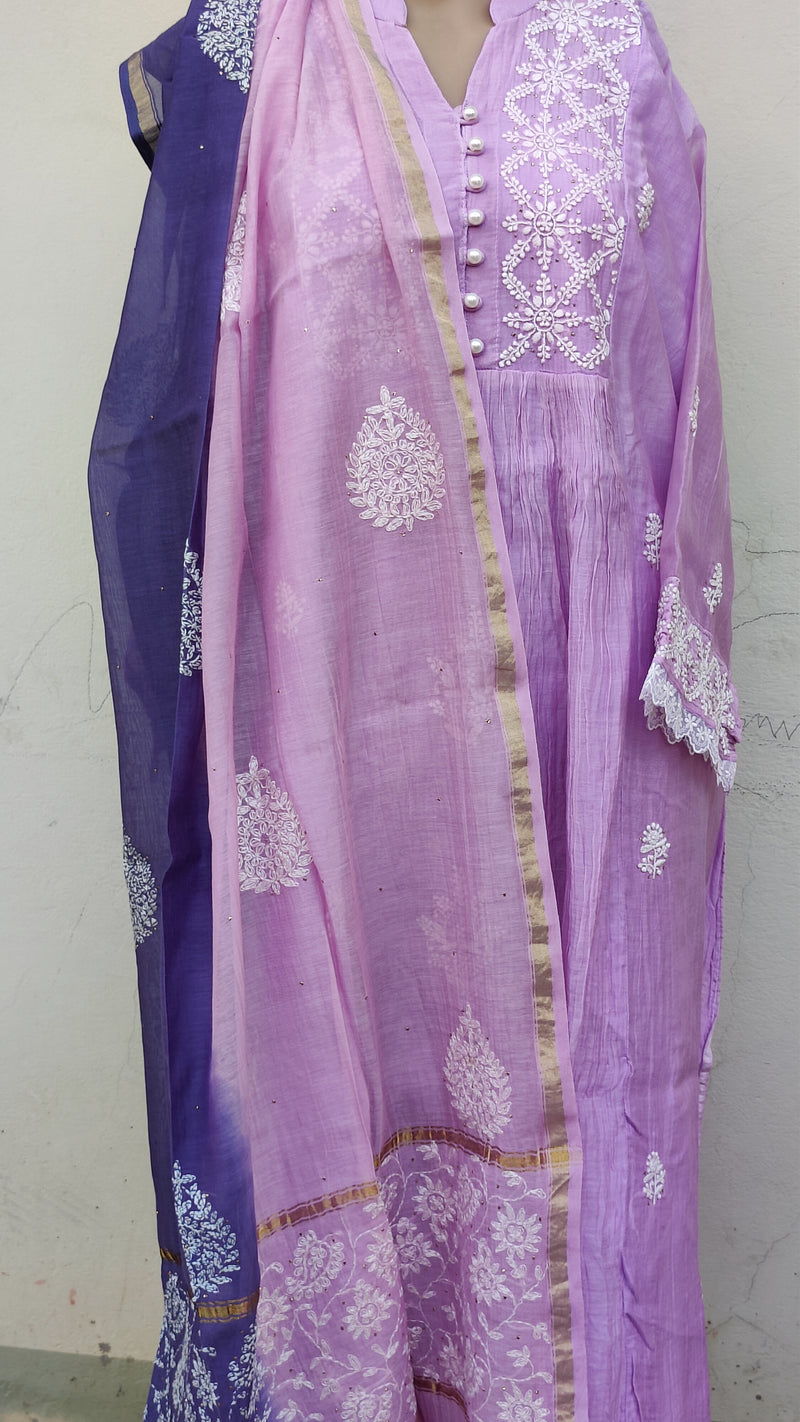 MUL CHANDERI KURTA WITH CHIKANKARI - CHANDERI DUPATTA