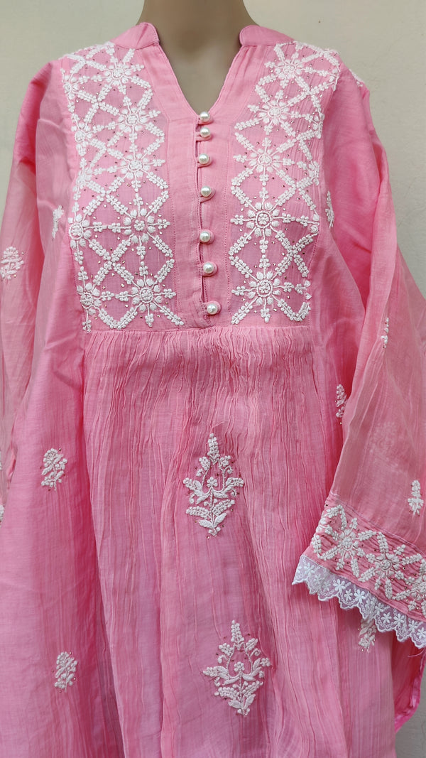 PINK MUL CHANDERI KURTA WITH CHIKANKARI - CHANDERI DUPATTA