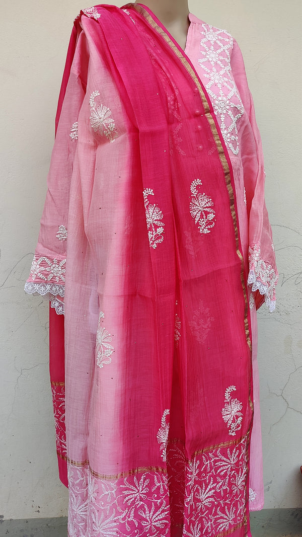 PINK MUL CHANDERI KURTA WITH CHIKANKARI - CHANDERI DUPATTA